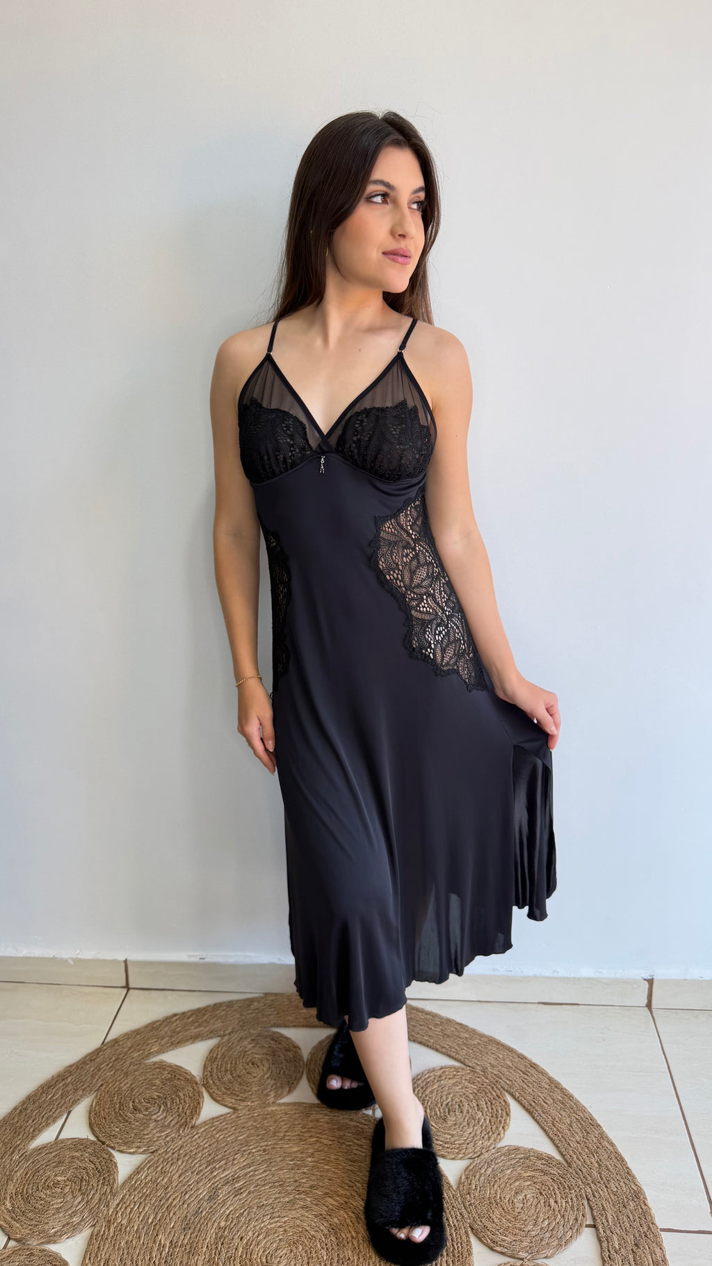 CAMISOLA MIDI MICROFIBRA E RENDA RECCO