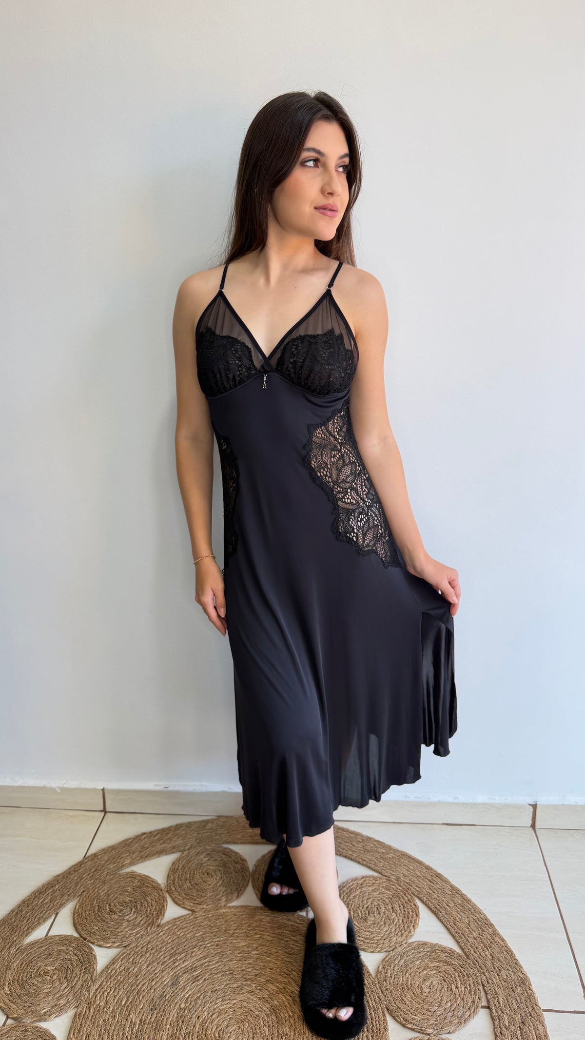 CAMISOLA MIDI MICROFIBRA E RENDA RECCO