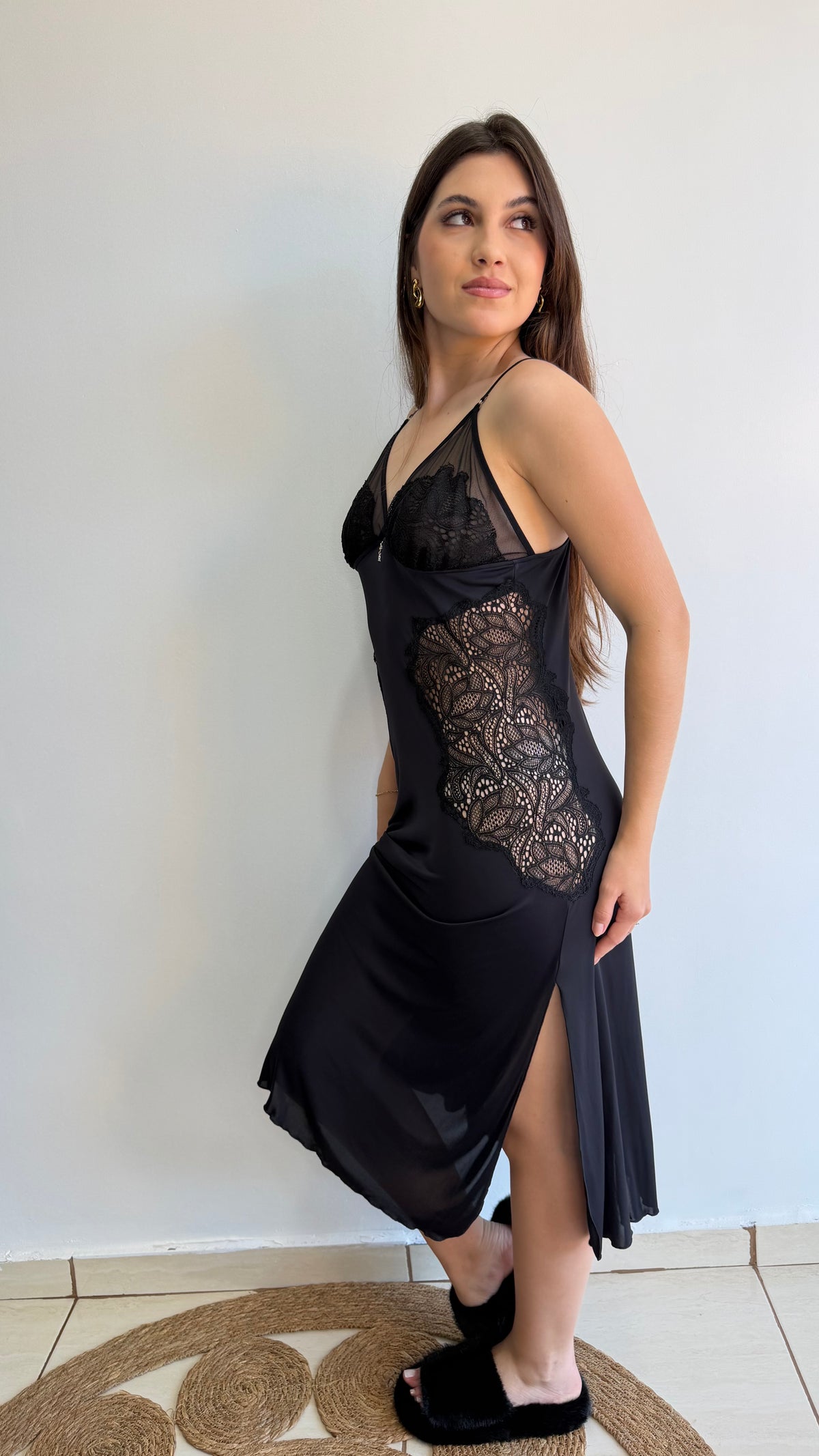 CAMISOLA MIDI MICROFIBRA E RENDA RECCO