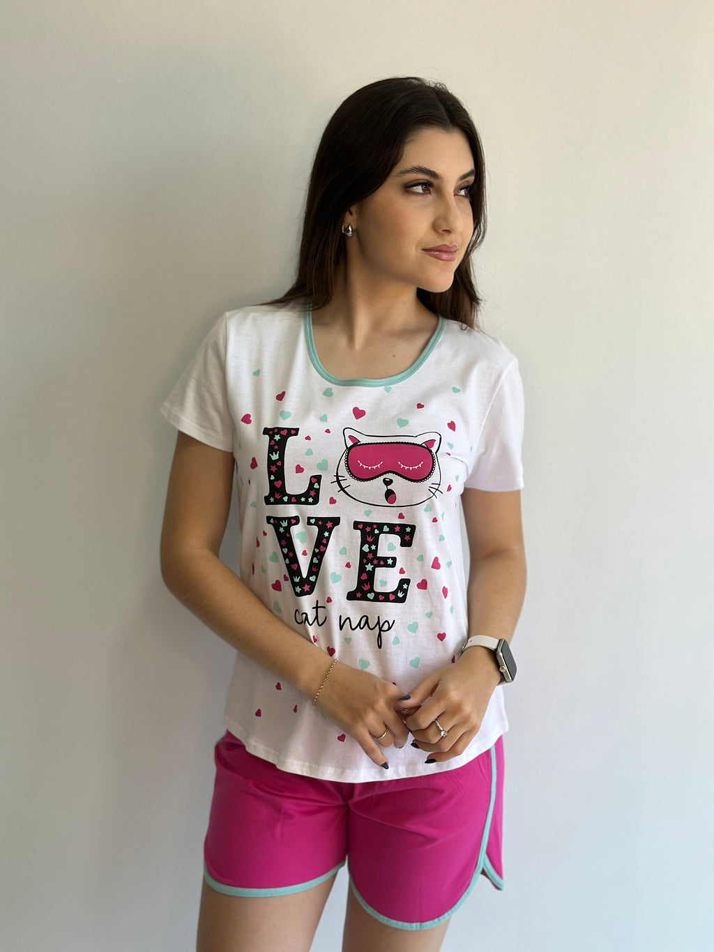 PIJAMA MANGA CURTA SHORTS MIDI DE ALGODÃO
