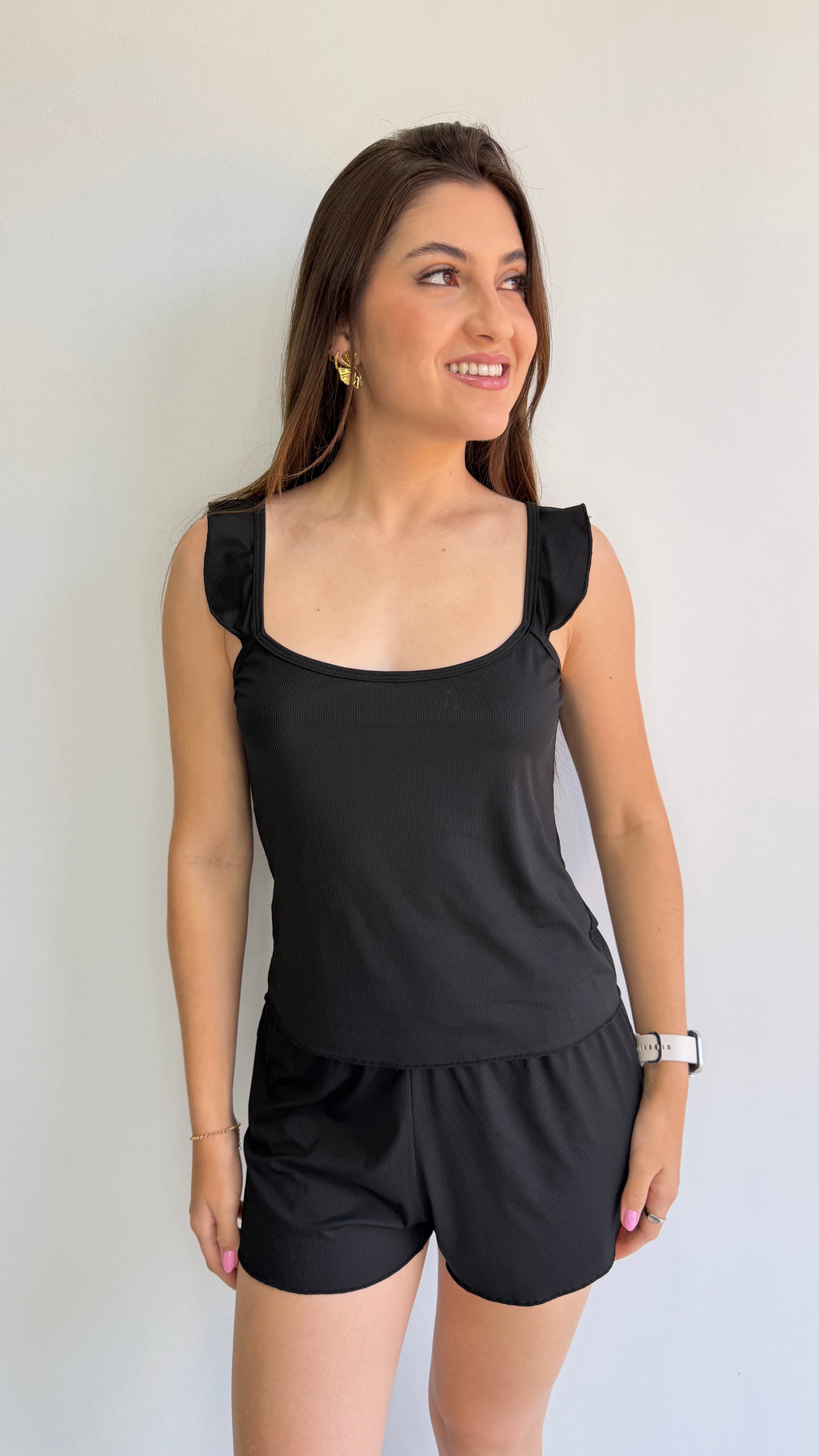 Pijama de alça com detalhes em babado Mondress malha canelada