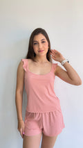 Pijama de alça com babados Mondress malha canelada