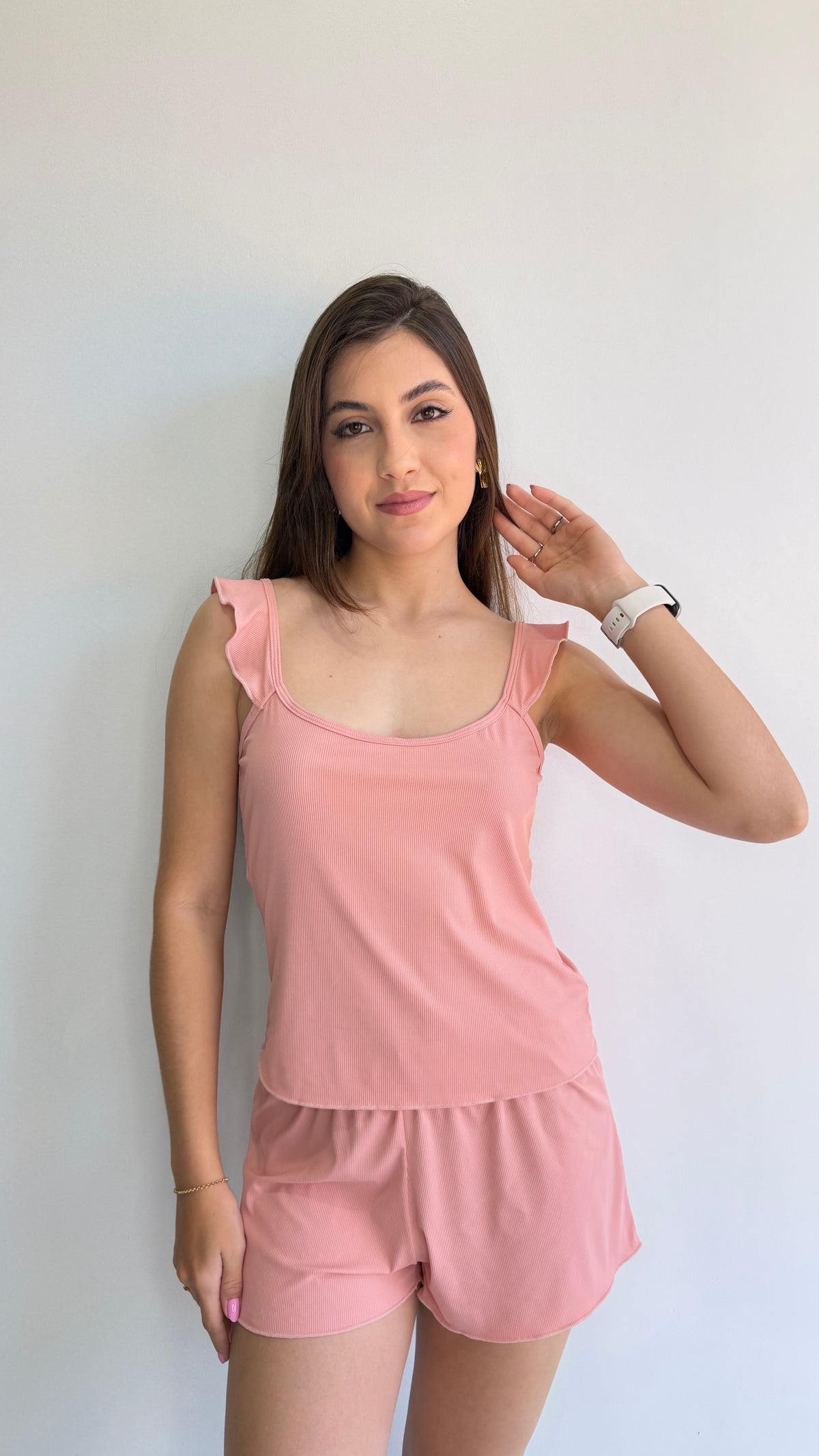 Pijama de alça com babados Mondress malha canelada
