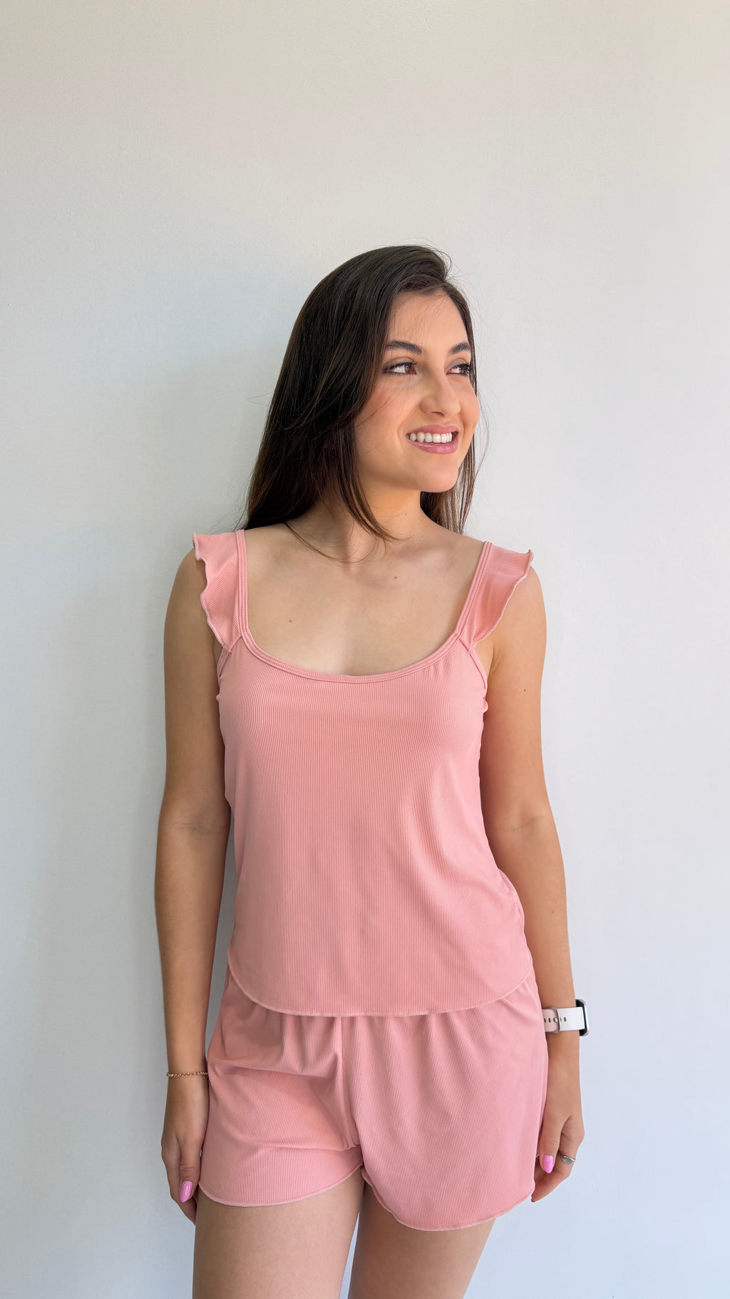 Pijama de alça com babados Mondress malha canelada