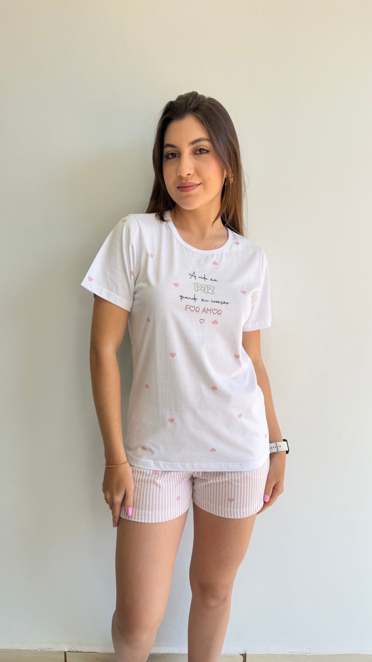 Pijama curto short com bolso estampado de 100% algodão