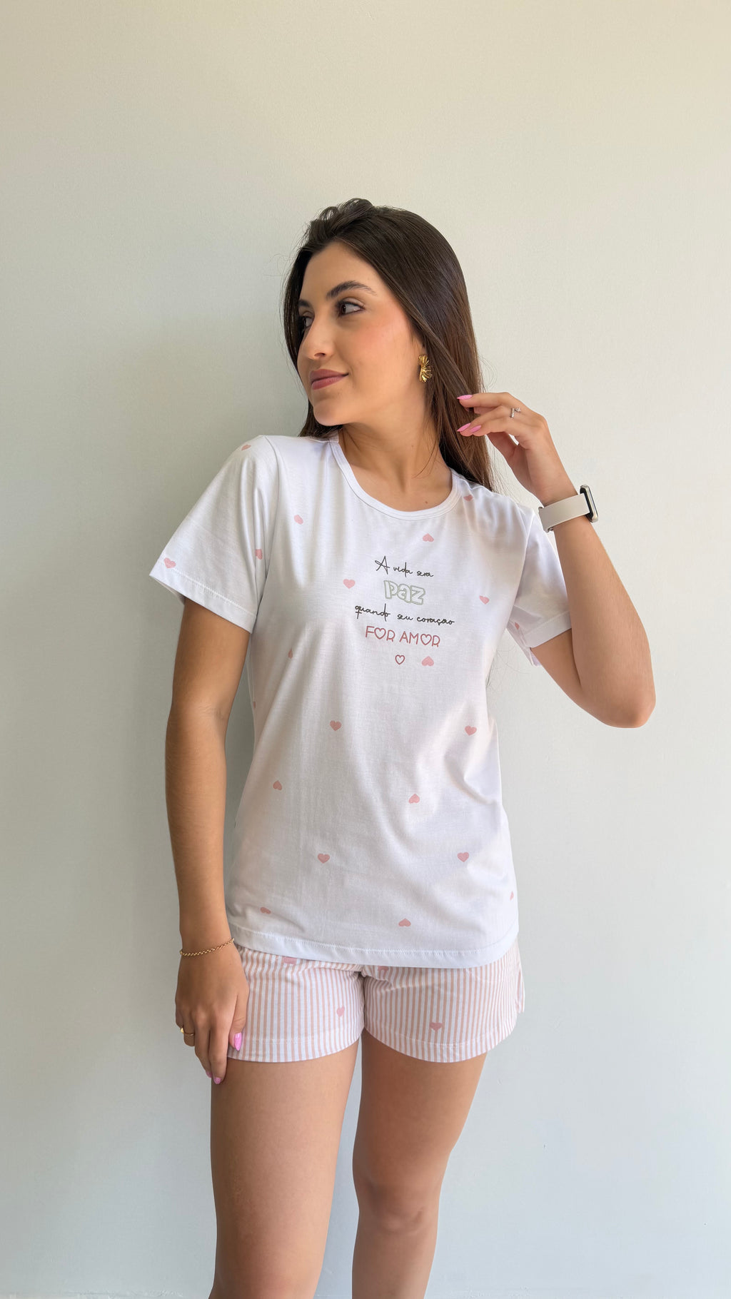 Pijama curto short com bolso estampado de 100% algodão