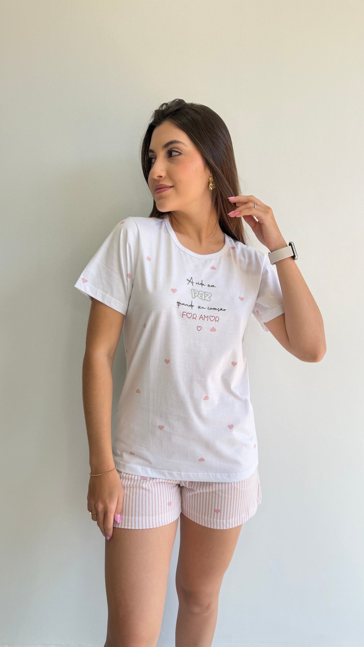 Pijama curto short com bolso estampado de 100% algodão