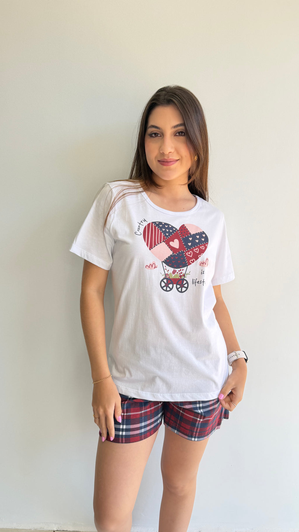 Pijama curto short com bolso estampado de 100% algodão