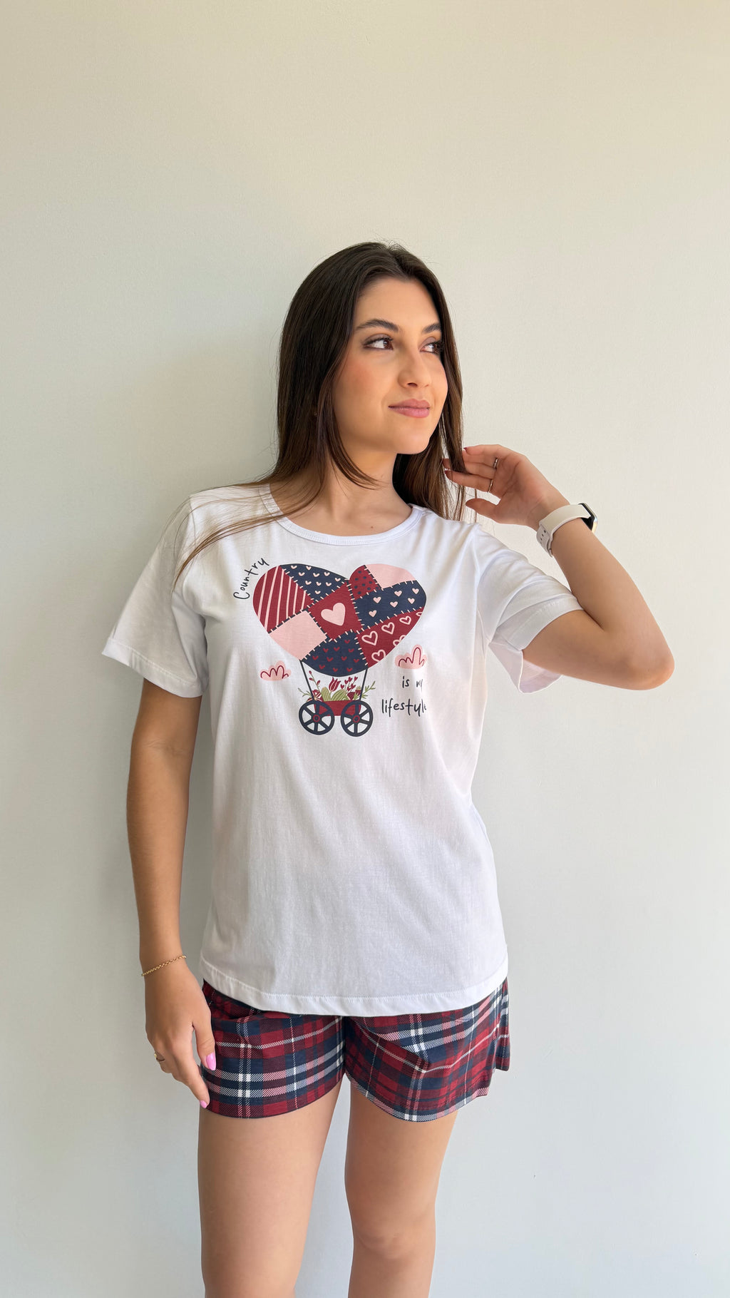 Pijama curto short com bolso estampado de 100% algodão