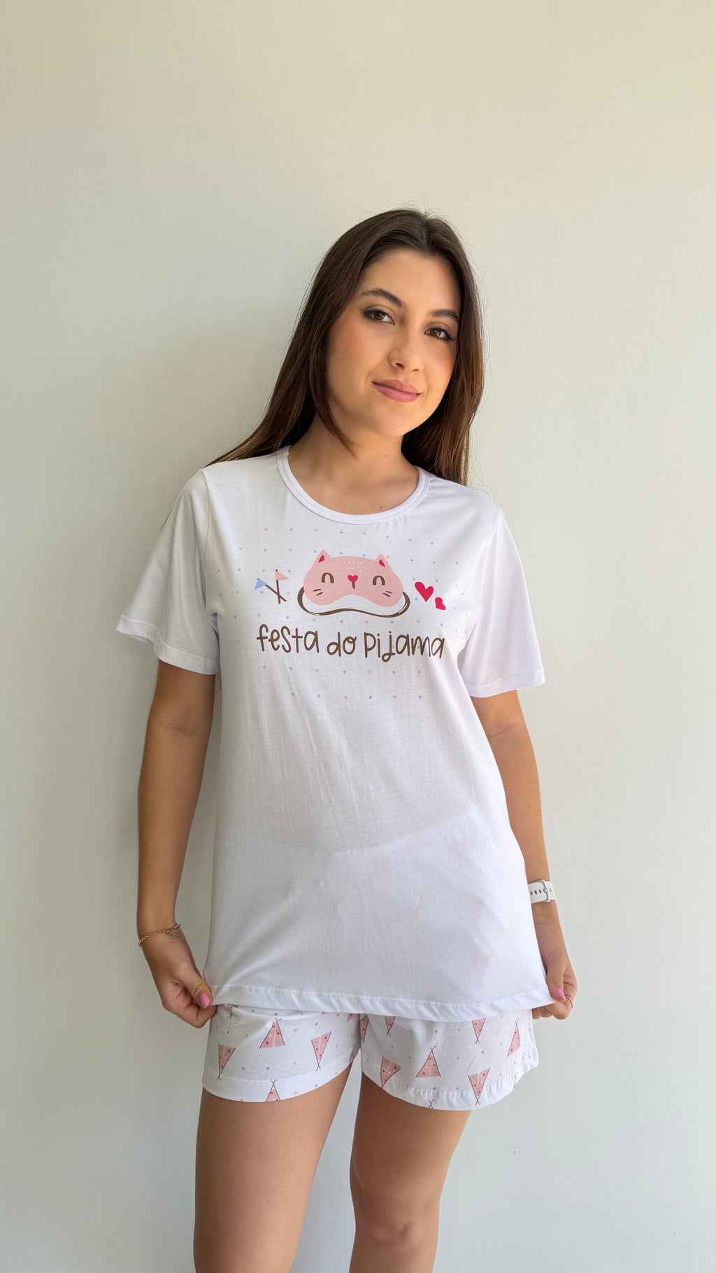 Pijama curto short com bolso estampado de 100% algodão