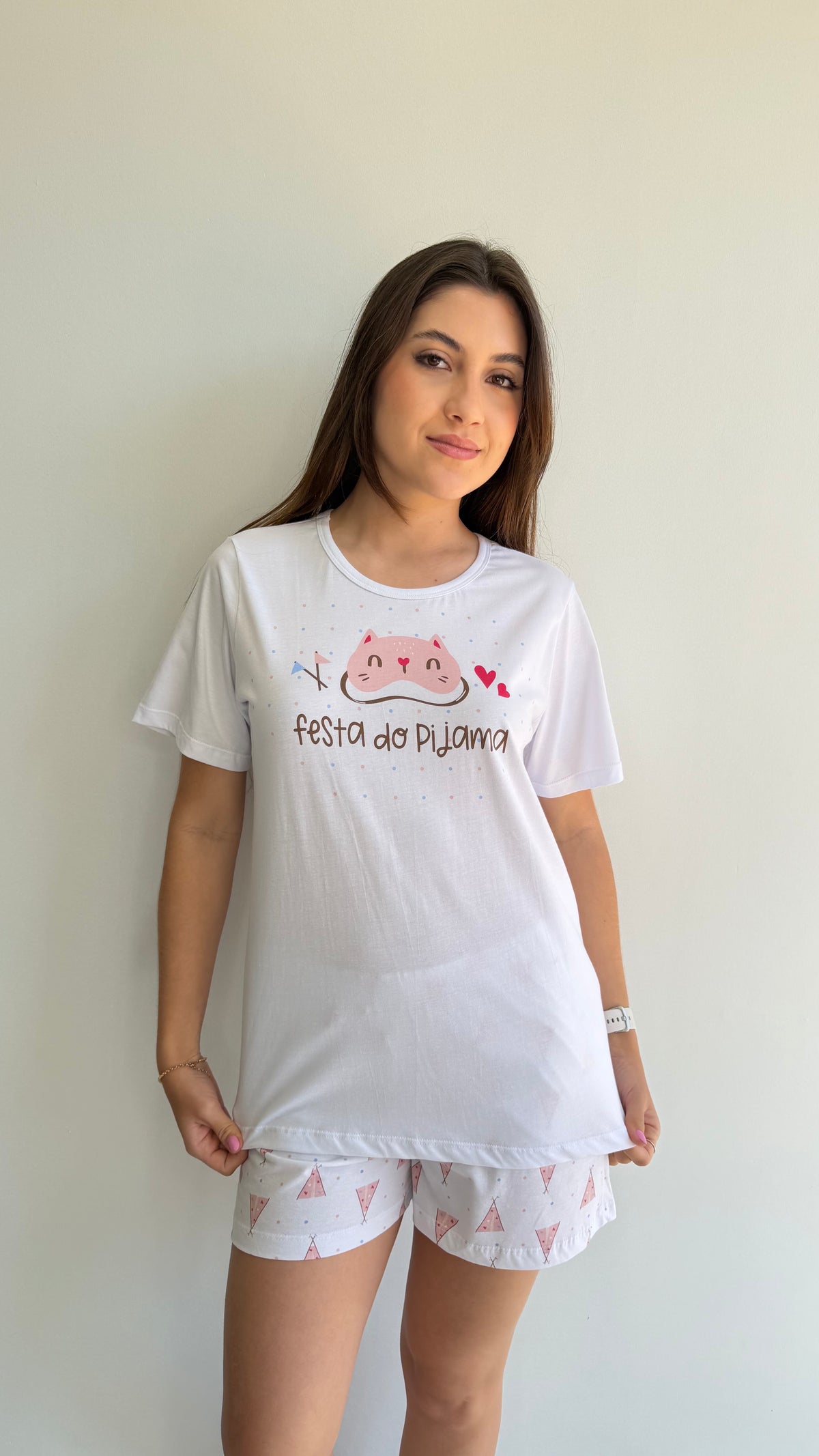 Pijama curto short com bolso estampado de 100% algodão