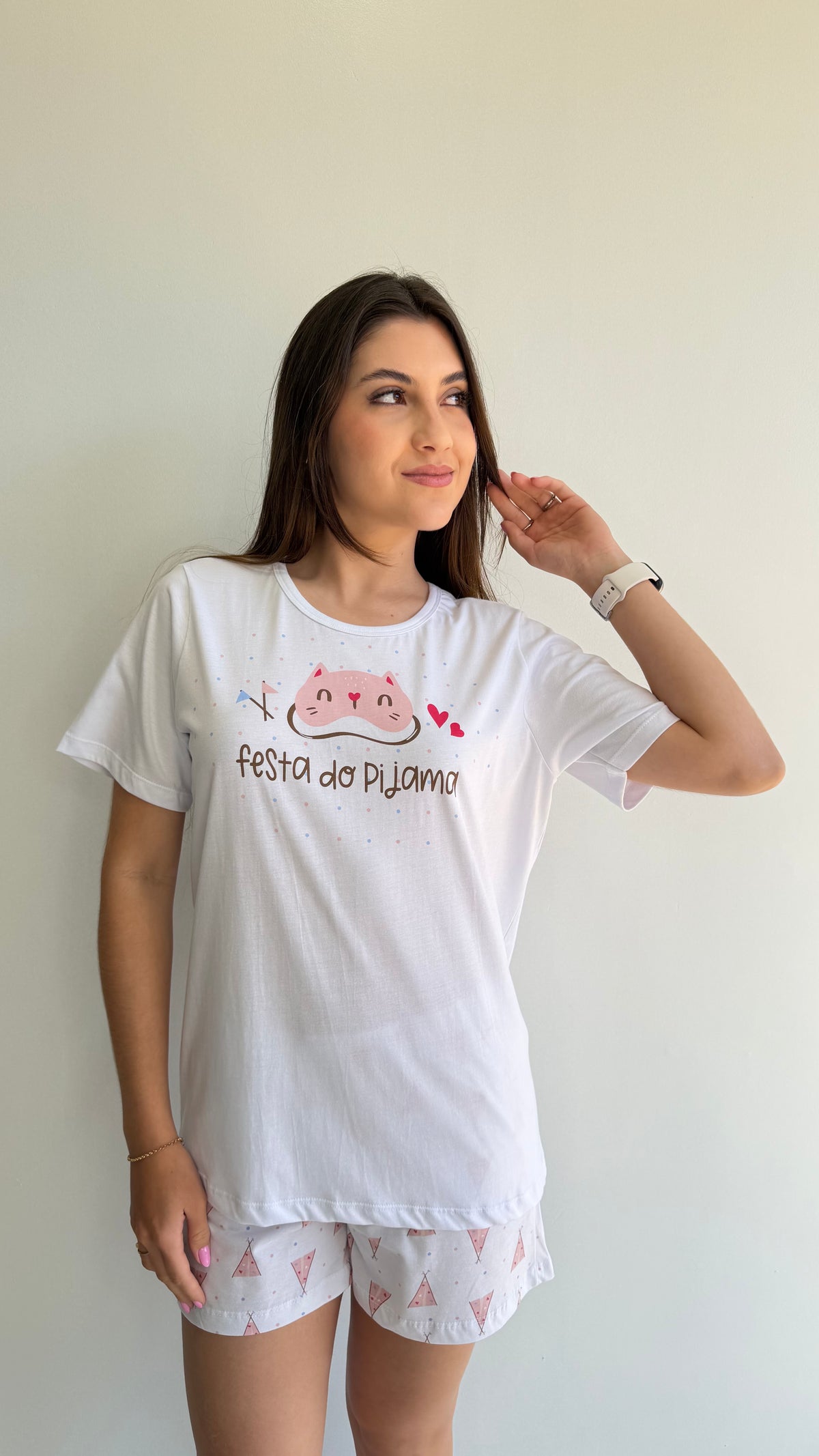 Pijama curto short com bolso estampado de 100% algodão