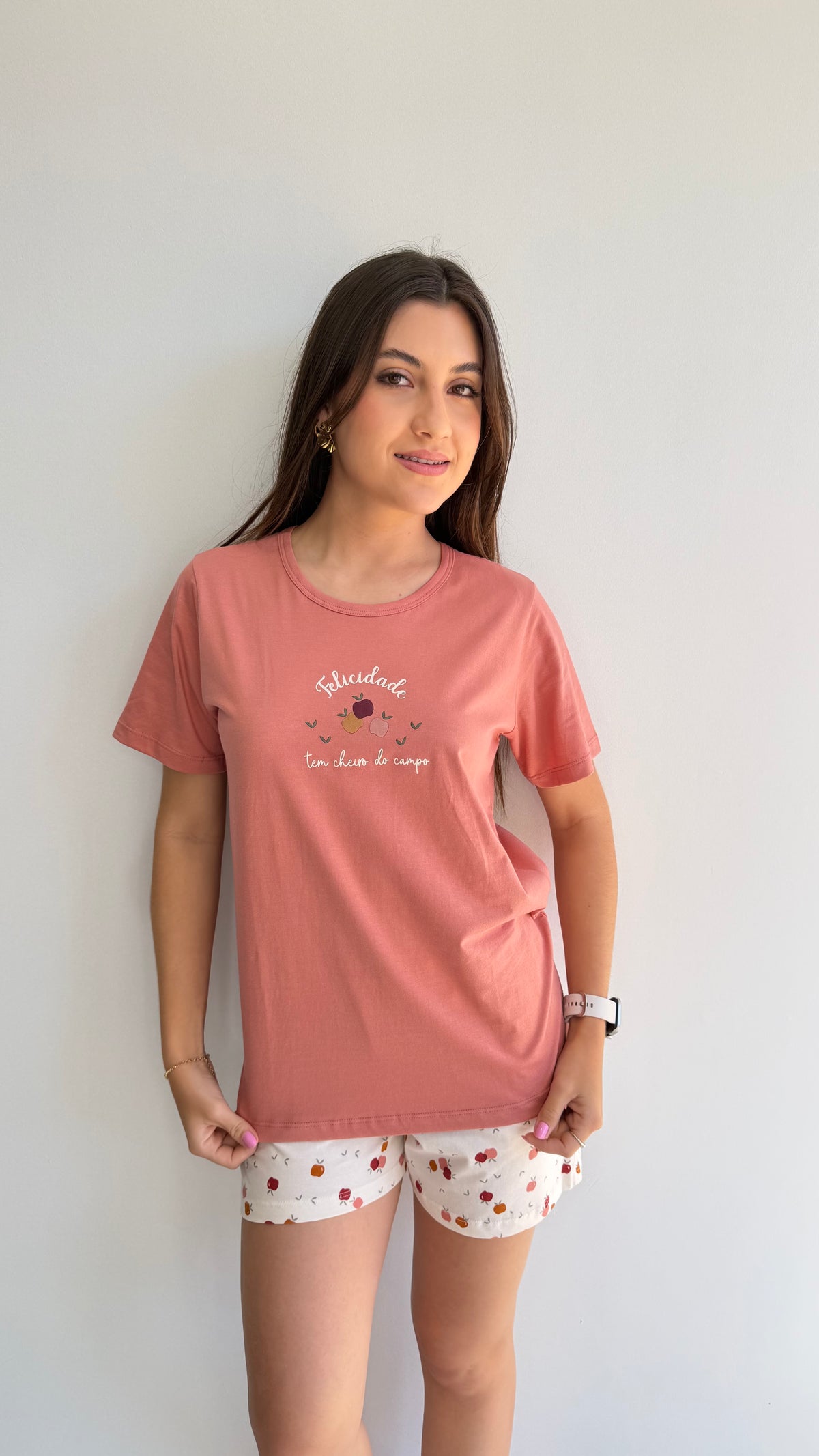 Pijama curto short com bolso estampado de 100% algodão