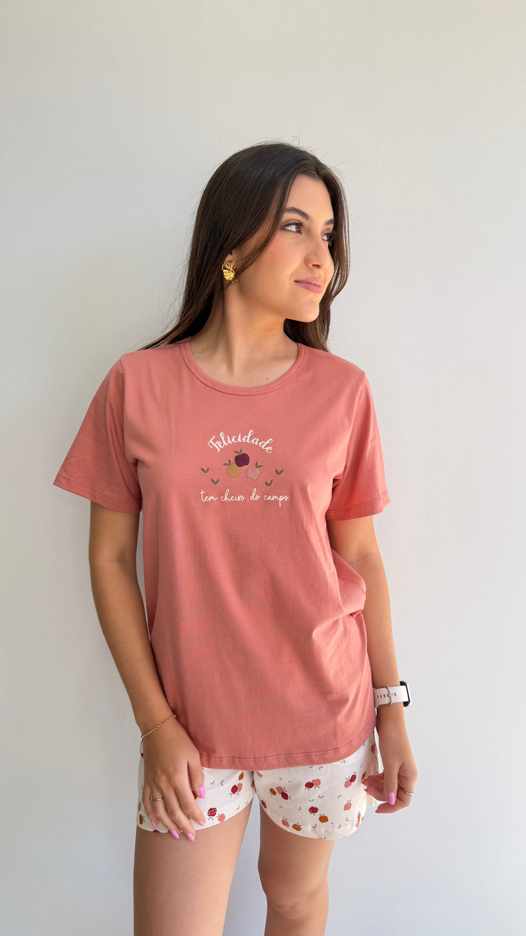 Pijama curto short com bolso estampado de 100% algodão