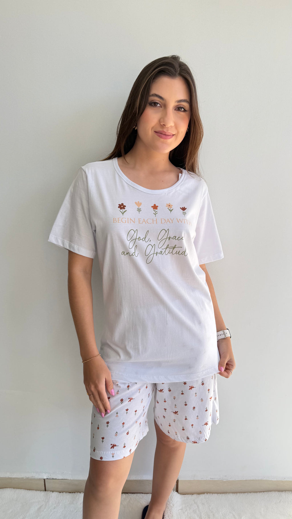 Pijama curto short com bolso estampado de 100% algodão