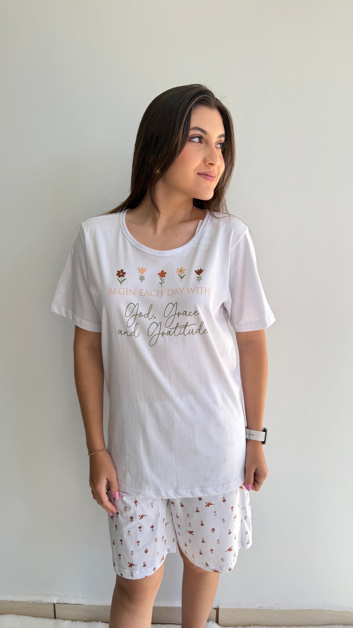 Pijama curto short com bolso estampado de 100% algodão