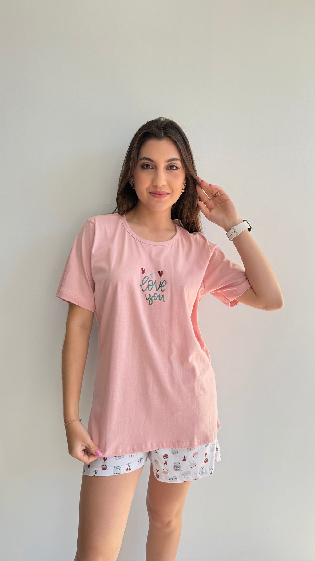 Pijama curto short com bolso estampado de 100% algodão