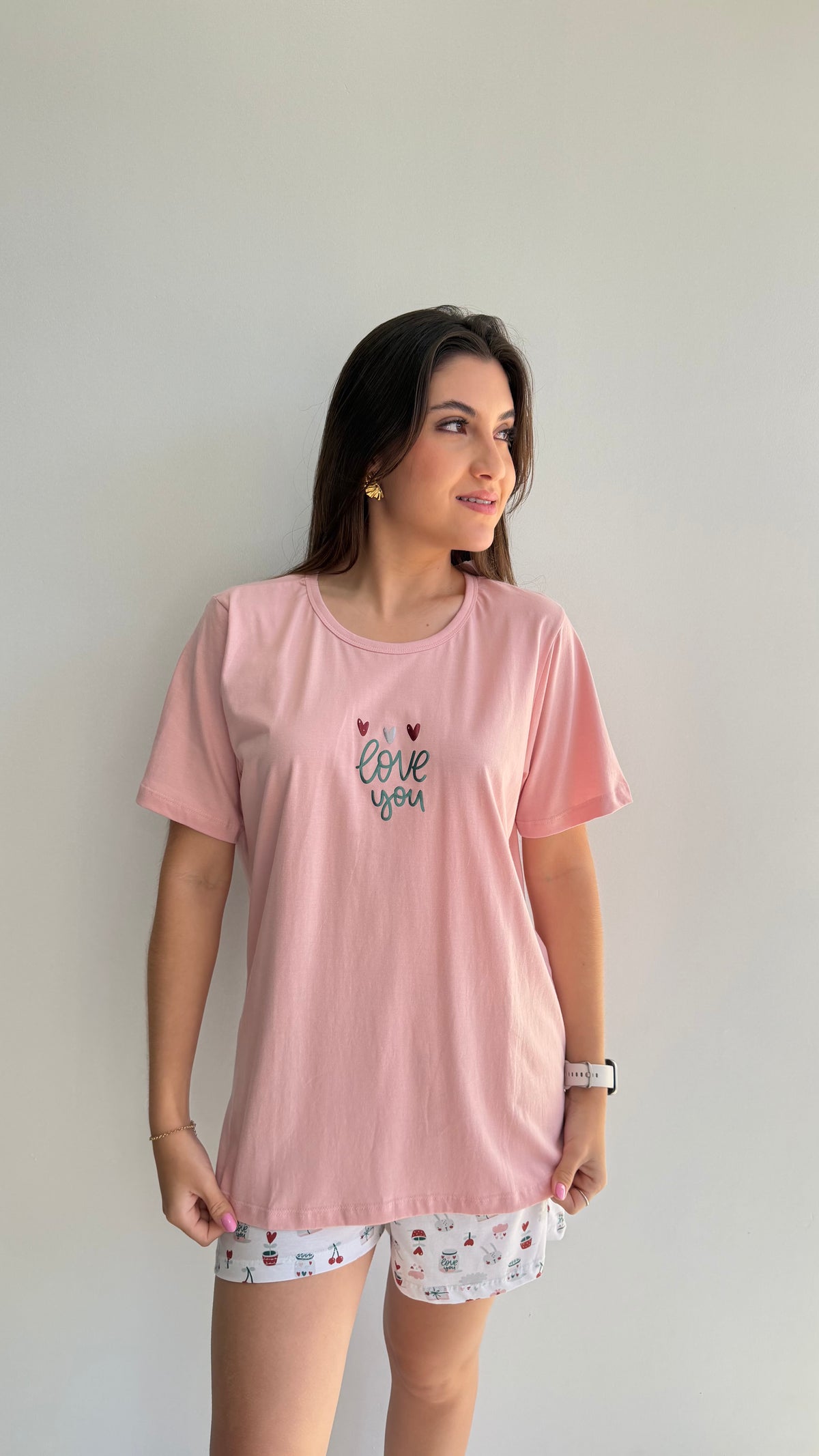 Pijama curto short com bolso estampado de 100% algodão