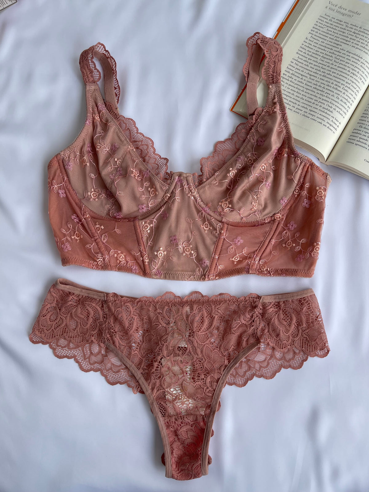 CONJUNTO LINGERIE DE RENDA COM ARO E SEM BOJO DUZANI