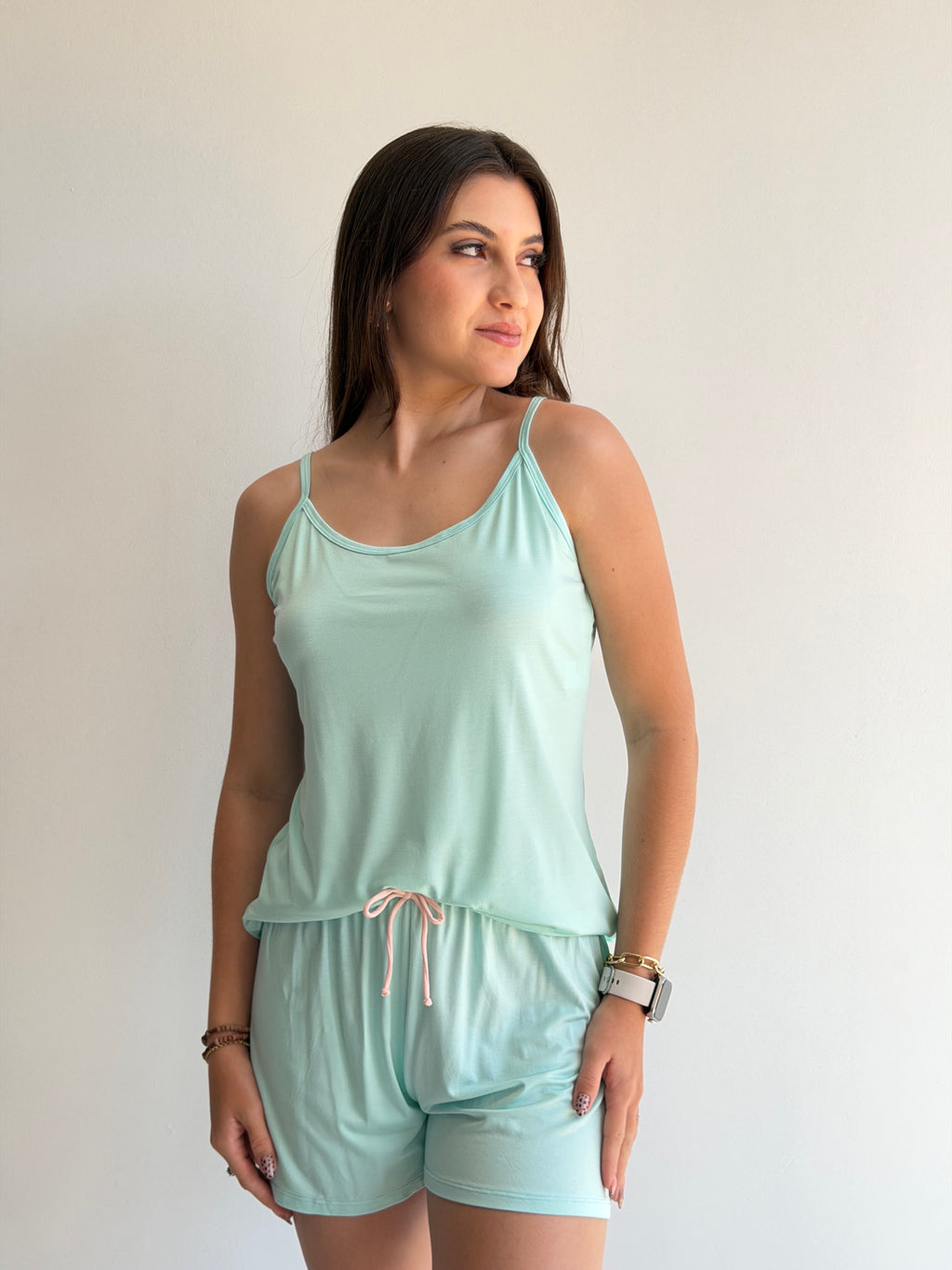 SHORTDOLL DE ALÇA COM SHORTS CURTO DE VISCOSE STRETCH RECCO