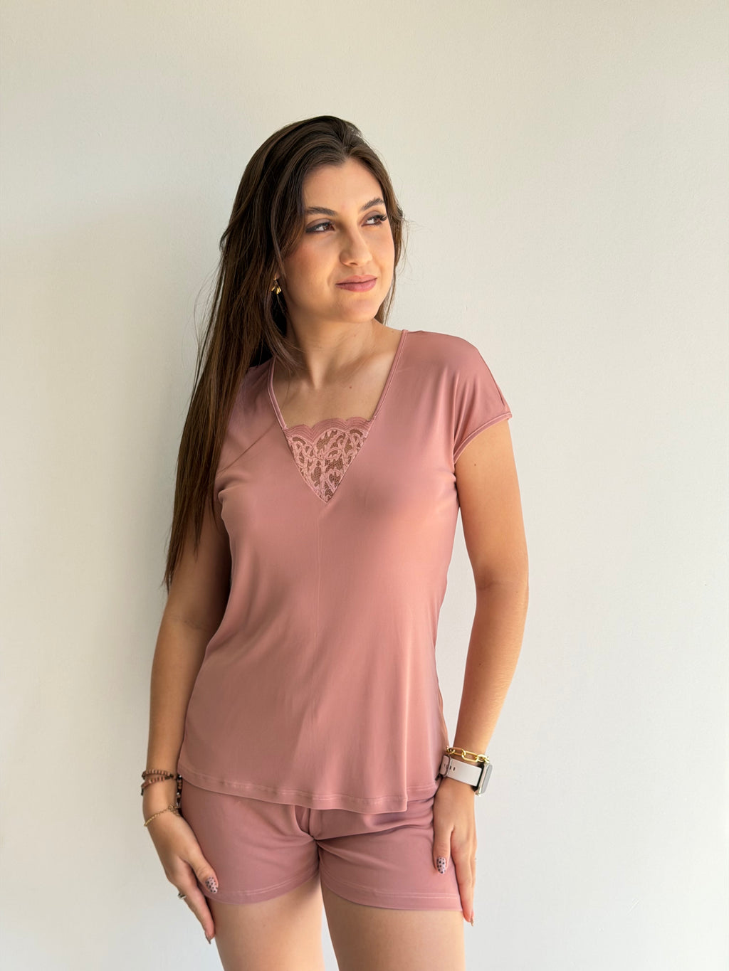 PIJAMA MANGA JAPONESA DE MICROFIBRA E RENDA RECCO