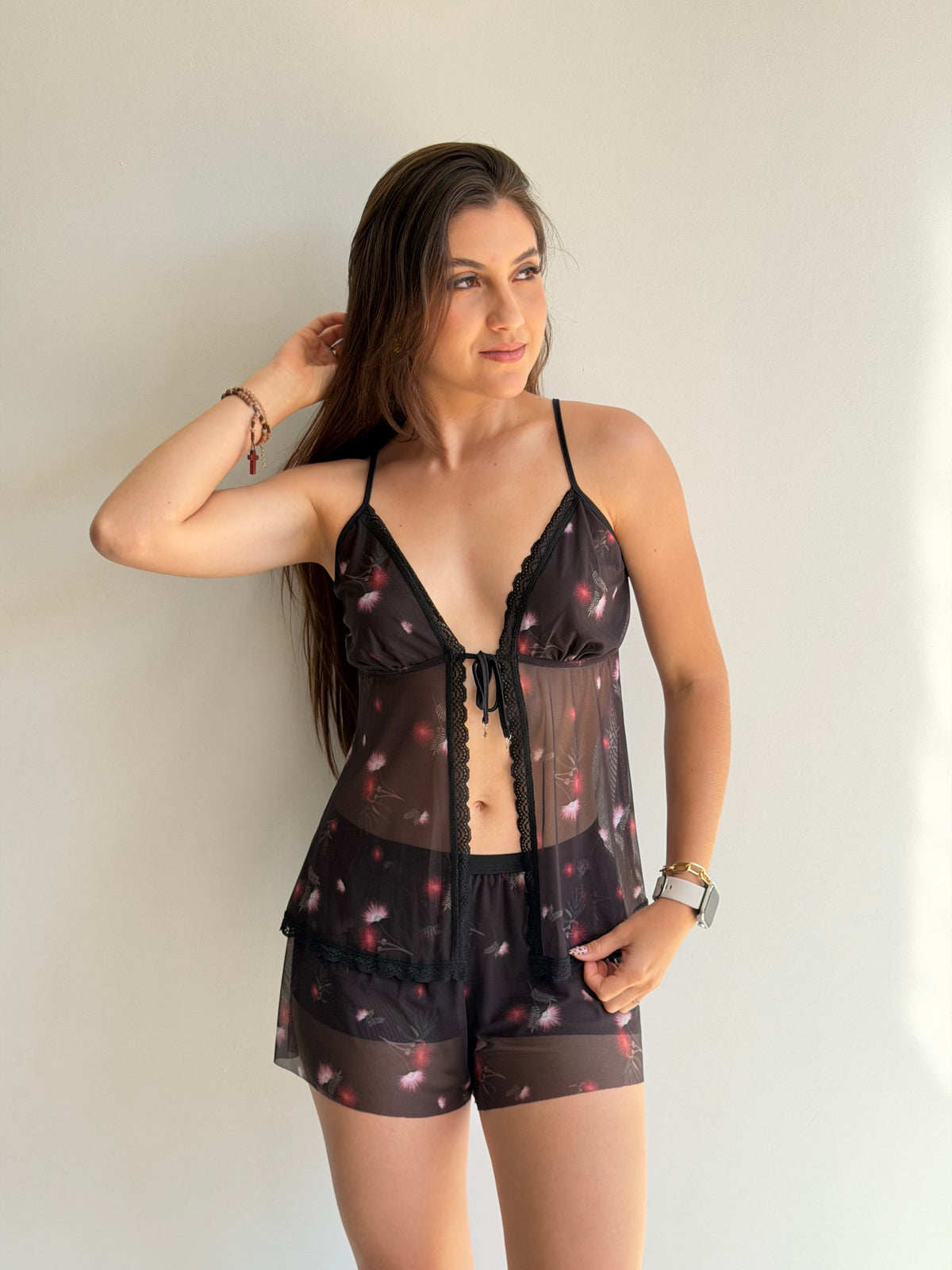 BABYDOLL ALÇA FINA COM SHORTS DE TULE RECCO