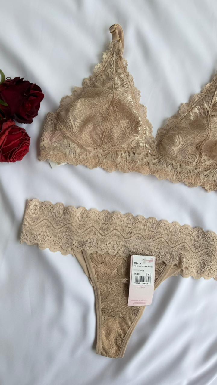 CONJUNTO DE RENDA SEM ARO E SEM BOJO NUDE MIRAGEM