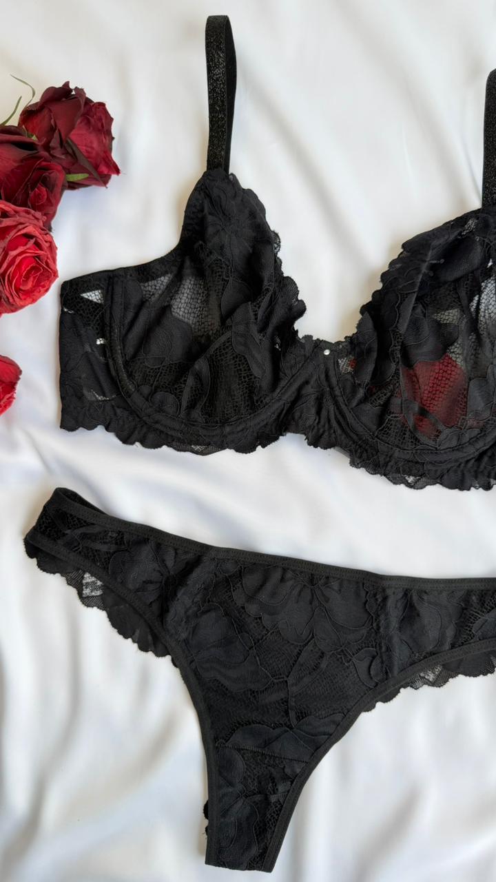 CONJUNTO LINGERIE SENSUAL DE RENDA COM ARO E SEM BOJO (Cópia)