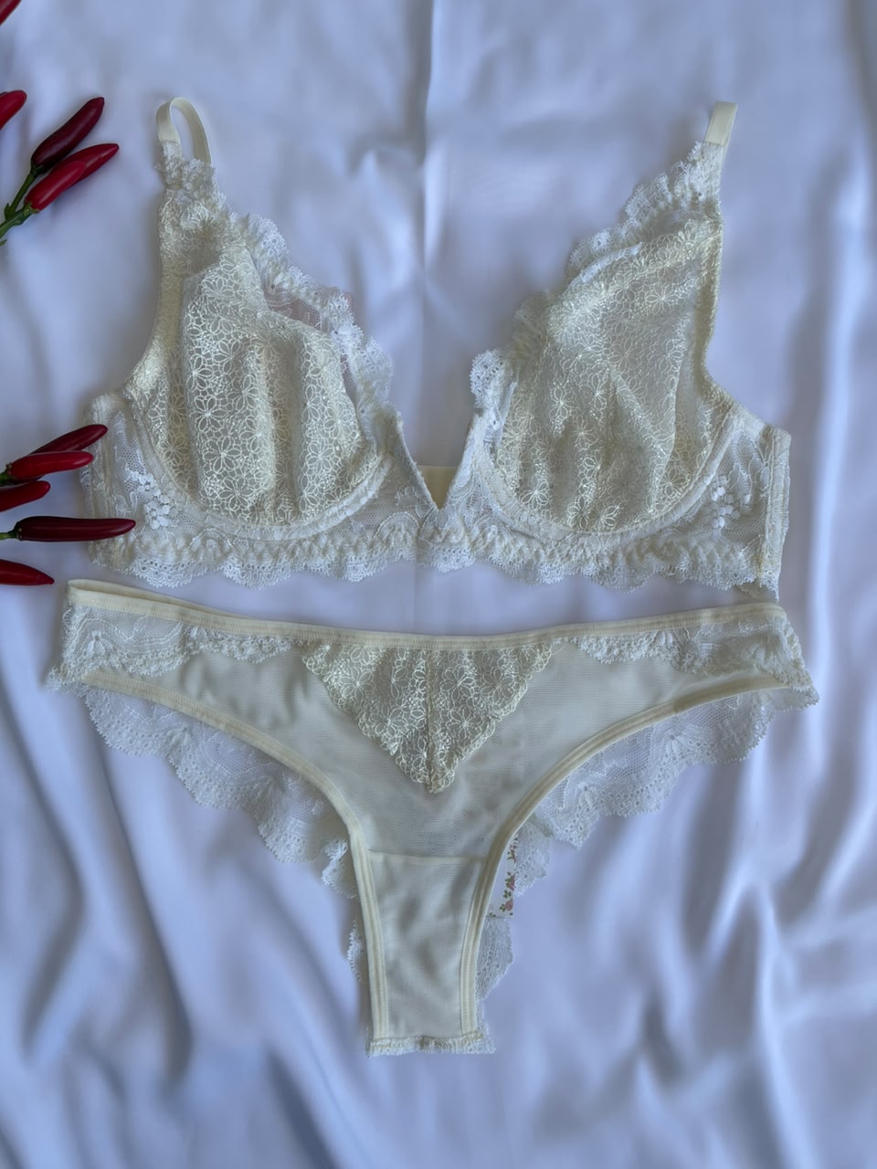 CONJUNTO LINGERIE DE RENDA COM ARO E SEM BOJO DUZANI