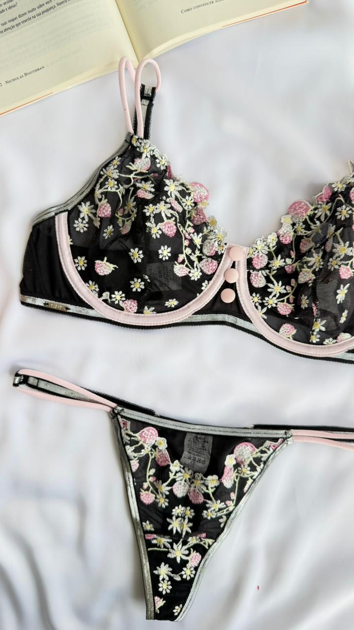 CONJUNTO LINGERIE GD1 COM ARO E SEM BOJO DE TULE E RENDA