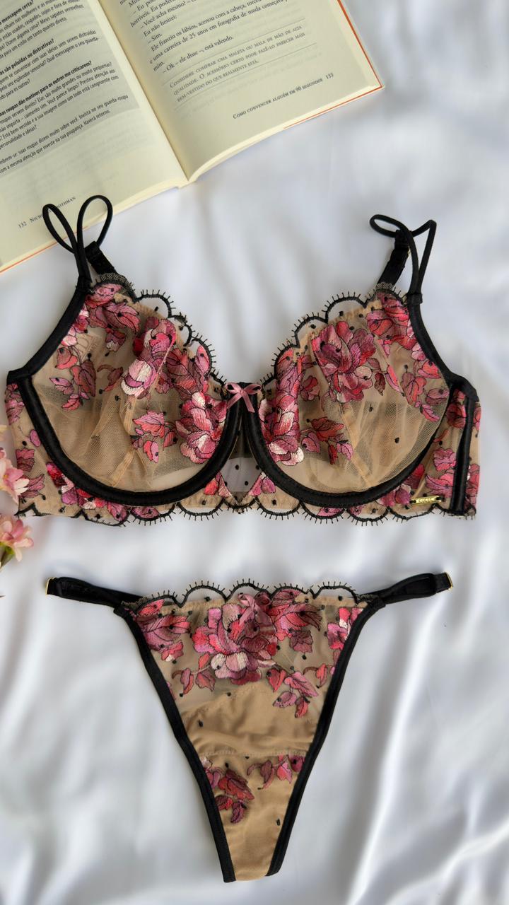 CONJUNTO LINGERIE GD1 COM ARO E SEM BOJO DE TULE E RENDA