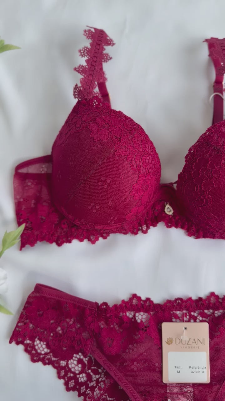 CONJUNTO LINGERIE DE RENDA DUZANI COM ARO E BOJO PUSH UP