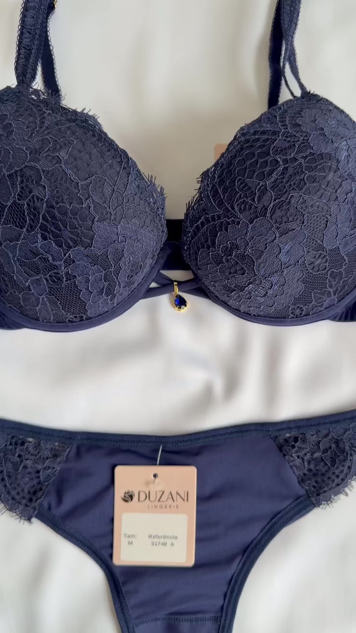 CONJUNTO LINGERIE DE RENDA DUZANI COM ARO E BOJO PUSH UP